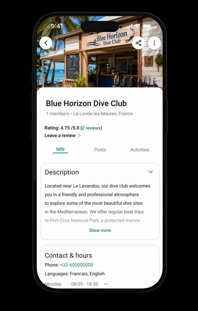Scubbl club profile with description, contact details and opening hours