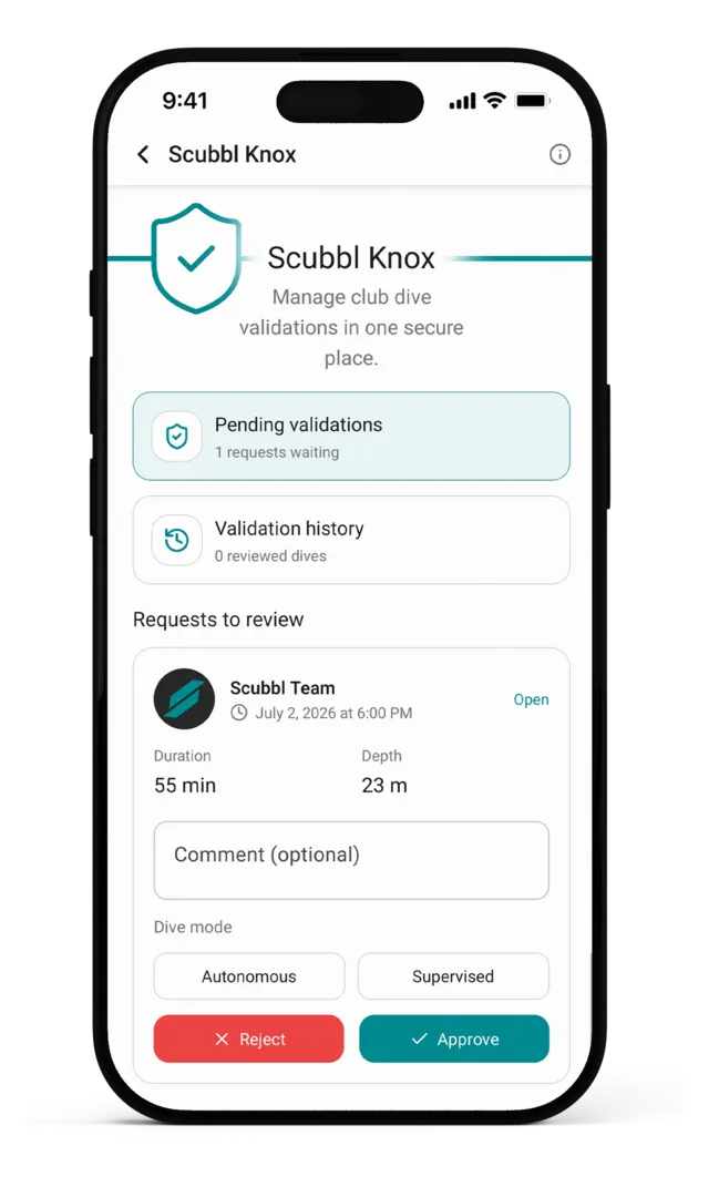 Scubbl Knox validation of a dive by a club