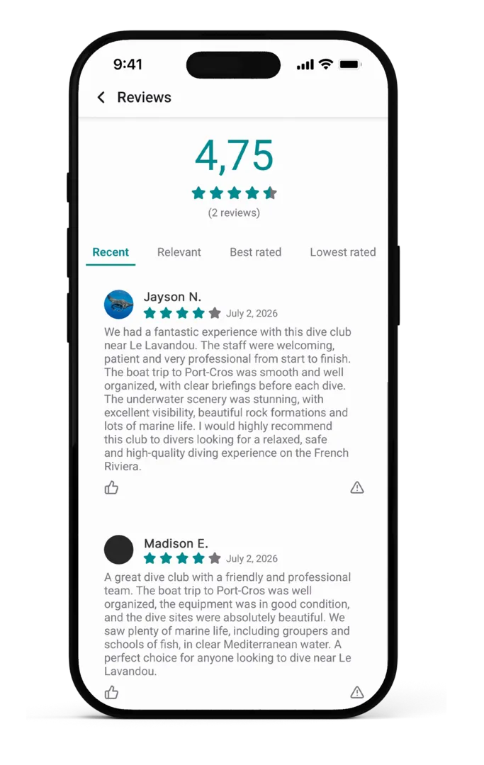 User ratings and reviews left on a Scubbl club profile